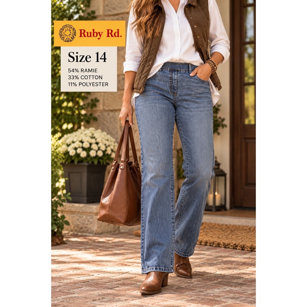 Ruby Rd Womens Size 14 Medium Wash Pull On Straight Leg Denim Jeans 46102